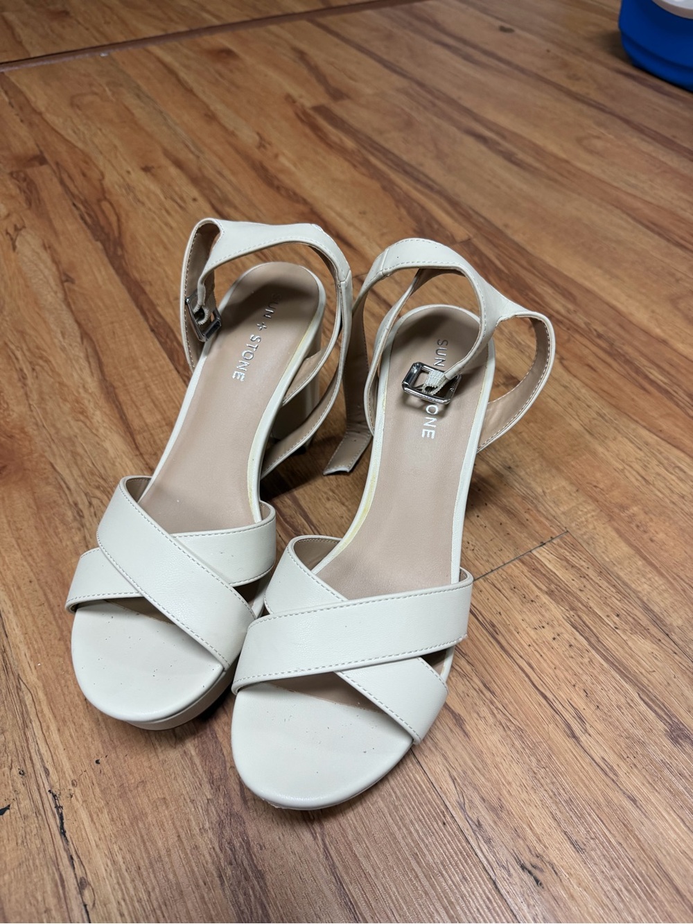 Sun + Stone Cream Strappy Block Heel Sandals